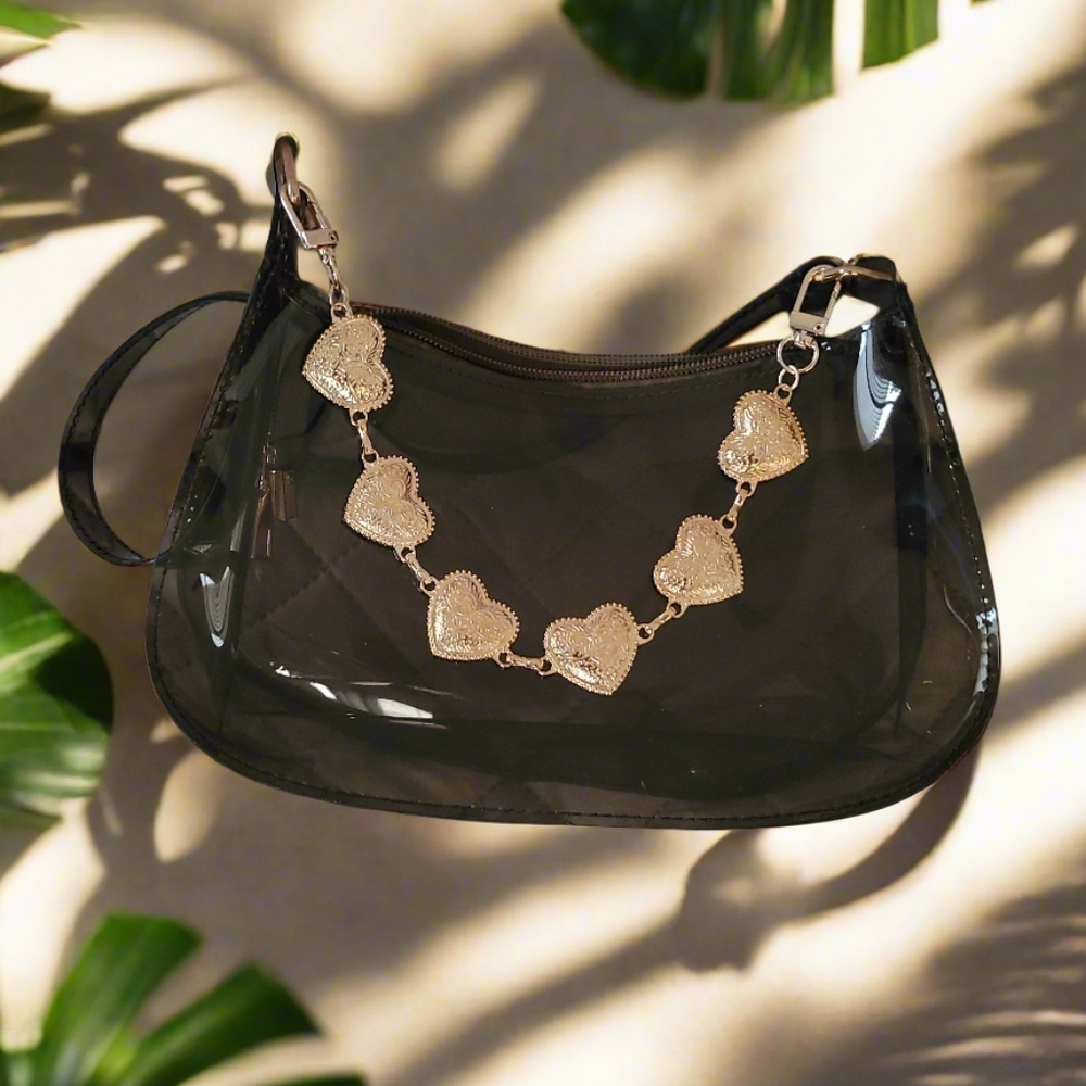 Chic Brown Clear Women's Stadium Bag with Gold Heart Concho Chain